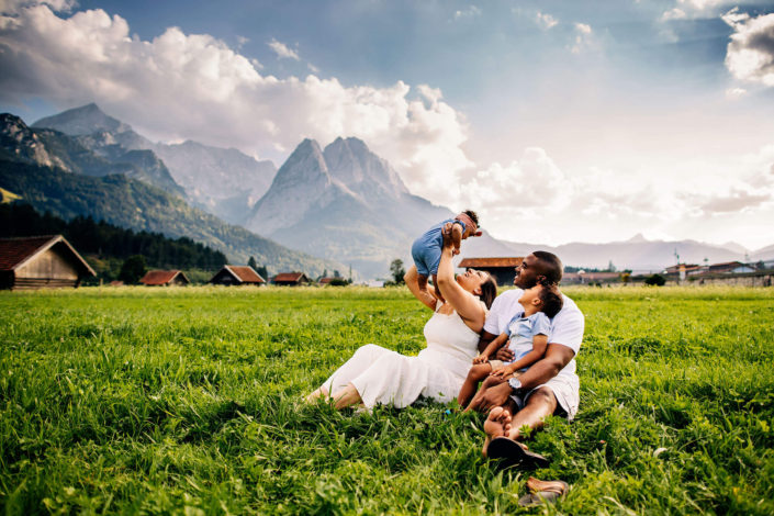 Family picture with the Bavarian alps in the background